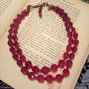 Vintage faceted deep pink glass bead necklace